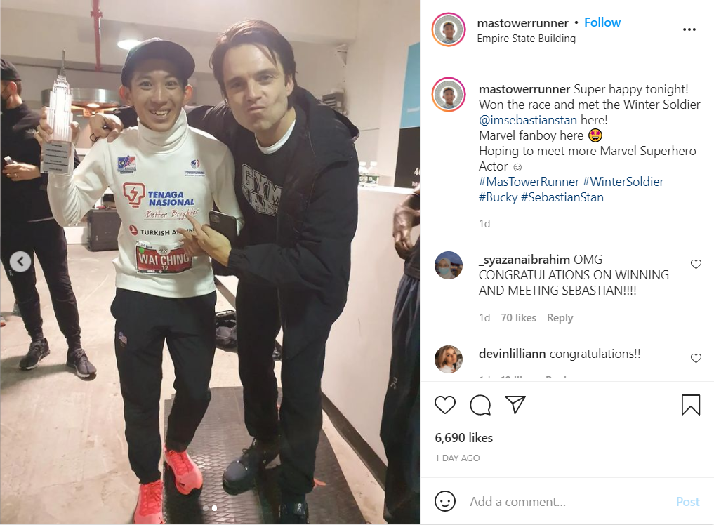 Soh Wai Ching with Sebastian Stan after completing the race.