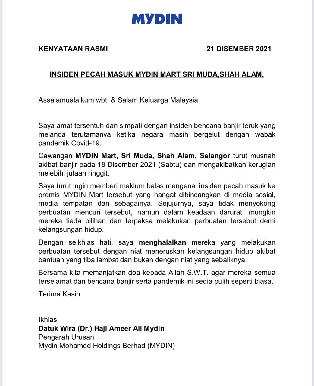 A statement from MYDIN's founder regarding the thefts.