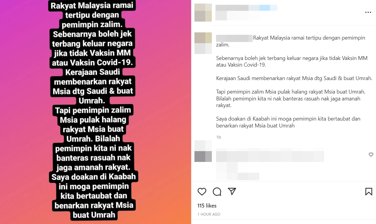 The antivax preacher goes on to claim that the Saudi government allows unvaccinated Malaysians into the country to complete their umrah pilgrimage. 