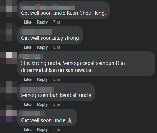 Netizens have taken to the comments section to wish Uncle Kentang a speedy recovery.