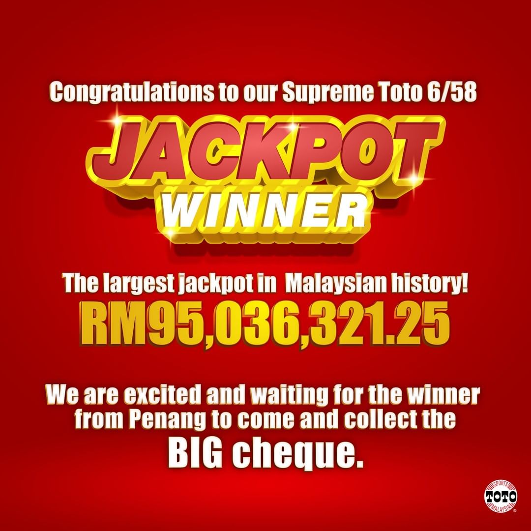 The largest Sports Toto jackpot in Malaysian history amounted to RM95,036,321.25. Source: Sports Toto Facebook