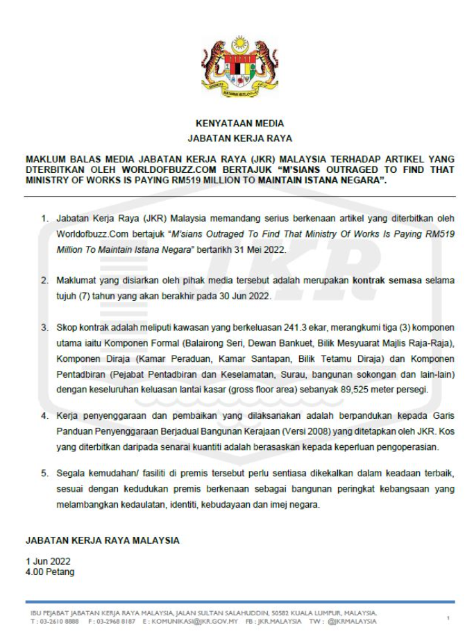 JKR has since responded to the criticism in a press statement. Image credit: Jabatan Kerja Raya