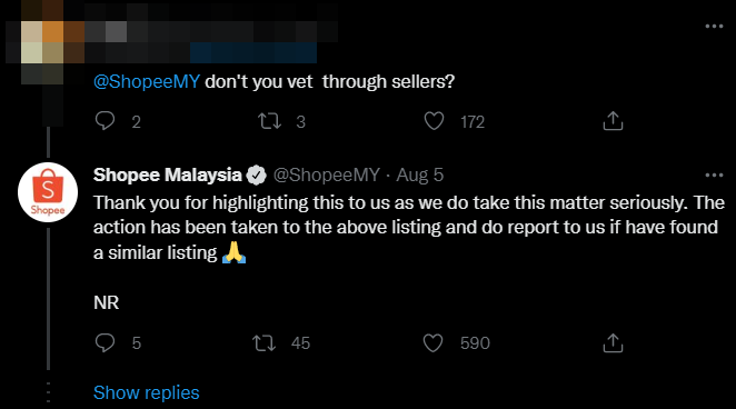 Shopee has since taken action against the listing. Image credit: Twitter