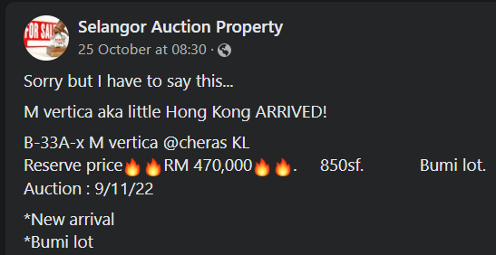 The unit is a Bumiputera lot, with a reserve price of RM470k. Image credit: Selangor Auction Property
