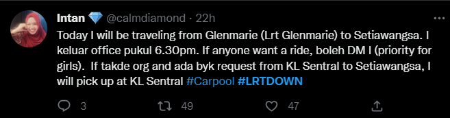 A number of Malaysian netizens have stepped up to offer carpool services to stranded LRT commuters. Image credit: Twitter