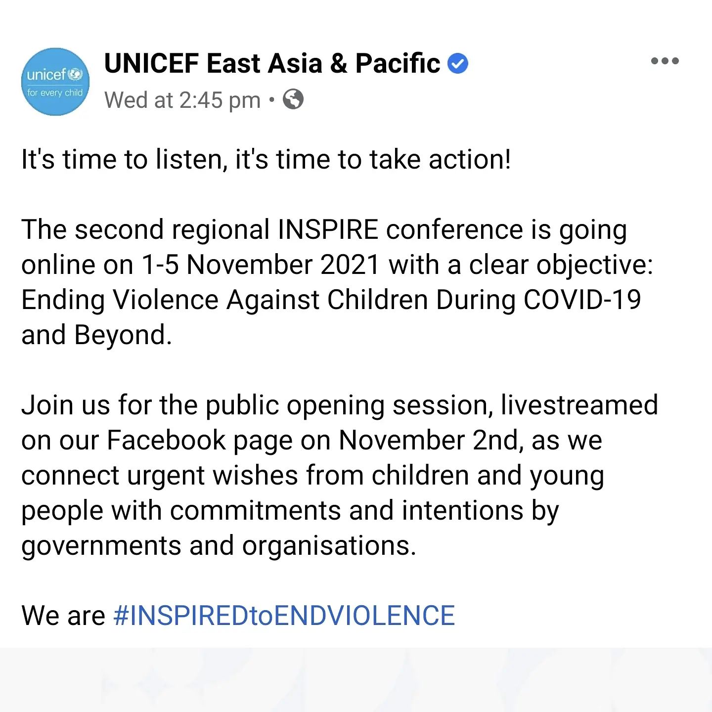 Unicef announcing Ain as one of their chosen panelists.