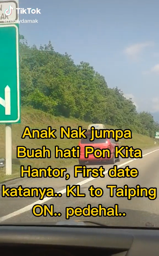 Father explains he's driving his son from KL to Taiping for his first date.