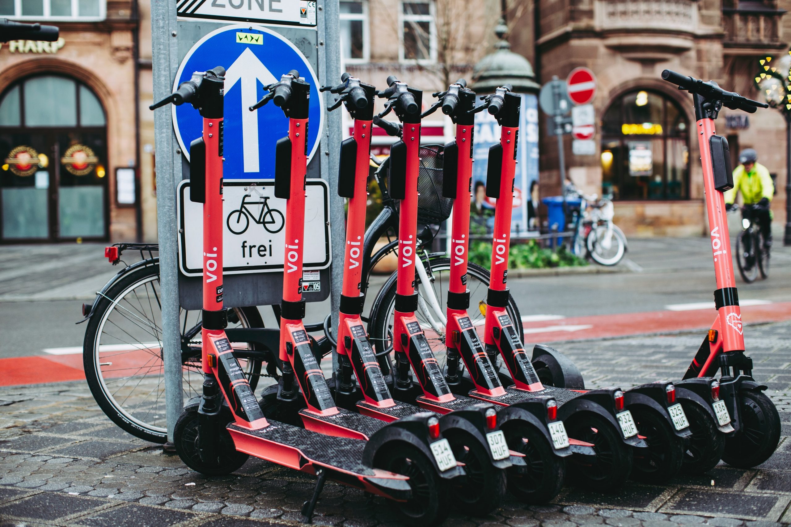 A row of e-scooters.