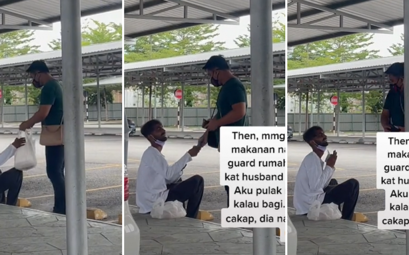 The TikTok user's husband gifting groceries to the migrant worker.