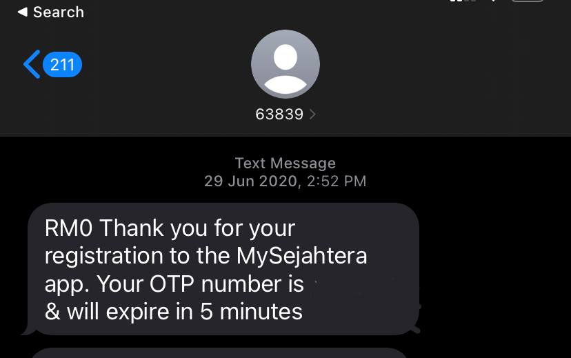 An authentic message from MySejahtera, bearing the 63839 service number.