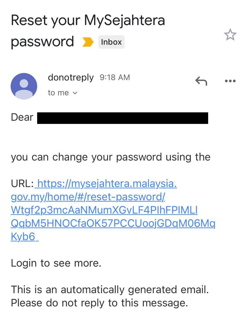 An email containing the password reset message from MySejahtera.