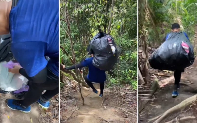 Hiker carrying 10kg of trash down from a hiking trail.