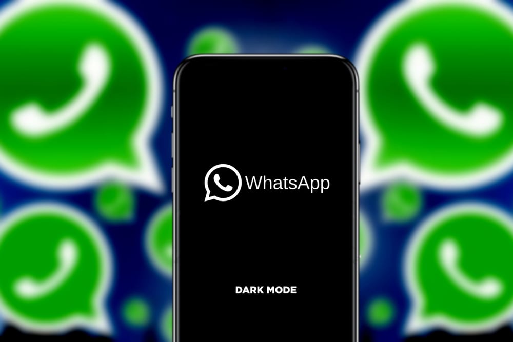A phone displaying the WhatsApp dark logo.