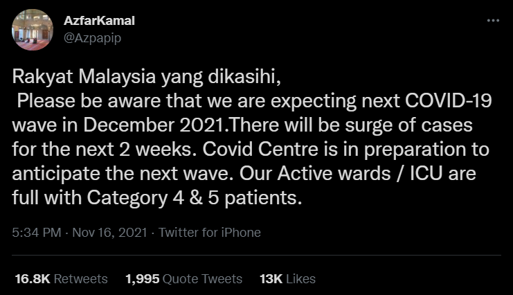 Dr Azfar Kamal's Tweets about a potential rise in cases in December.