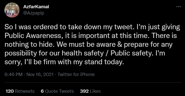 Dr Azfar Kamal's Tweets about a potential rise in cases in December.