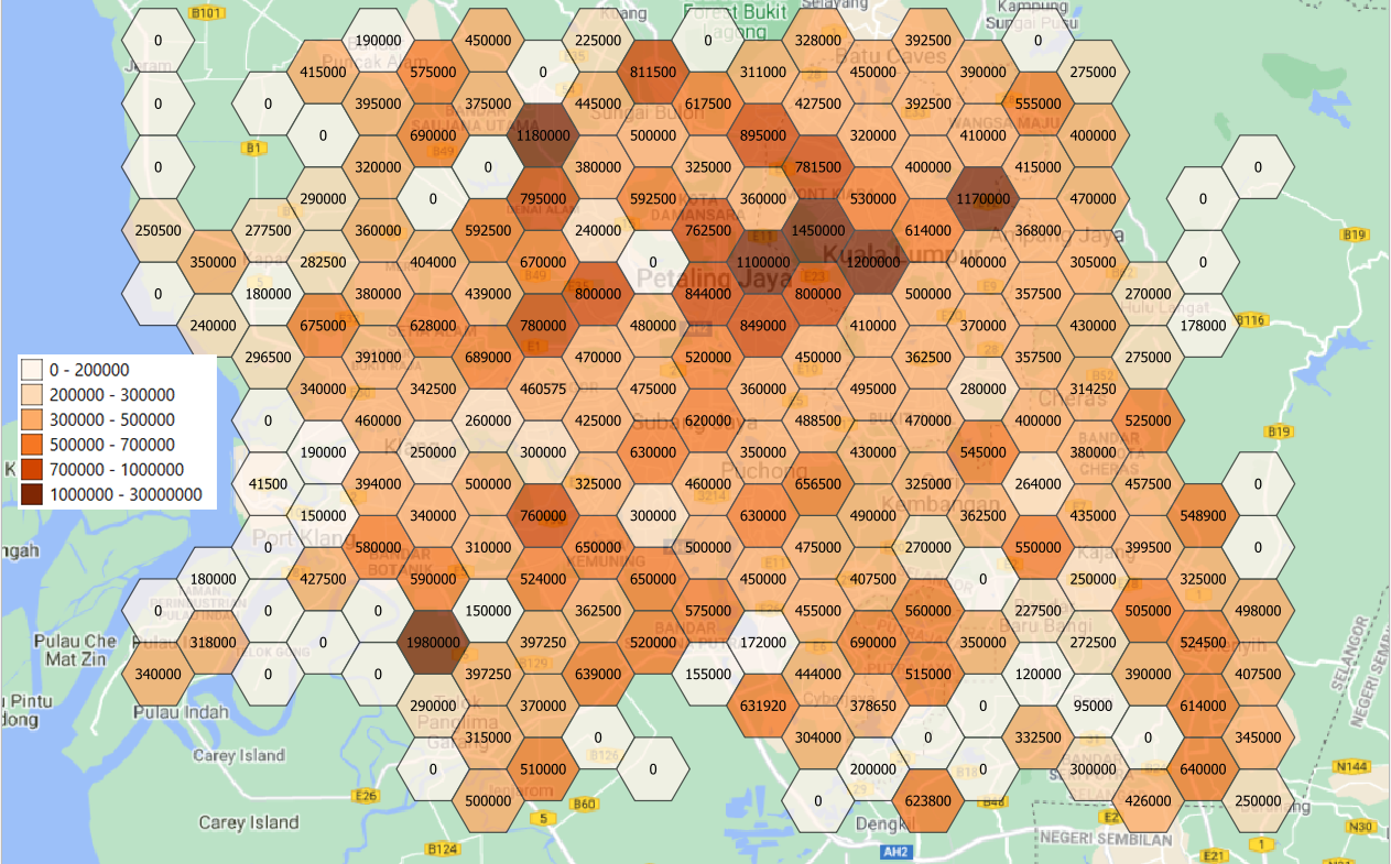 The heatmap created by Crib of the Klang Valley area. This denotes average property prices.