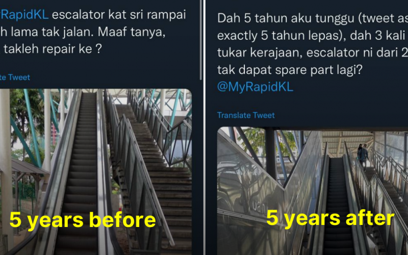 Twitter netizen calls out Taman Sri Rampai escalator for being broken over 5 years.