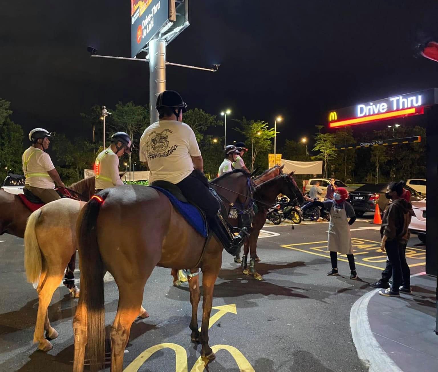 The horses patiently waiting at the drive-thru.