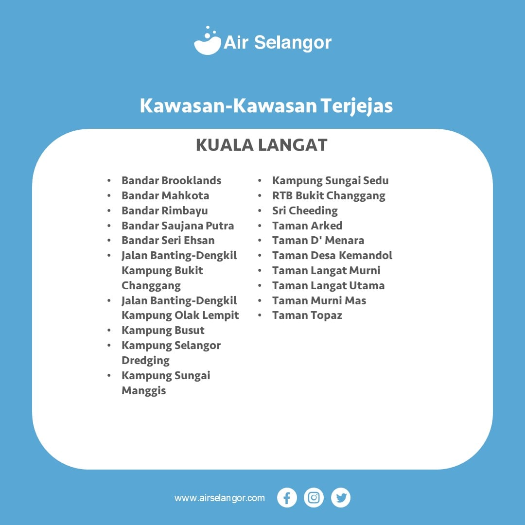A list of locations in the Klang Valley that will be experiencing water cuts.