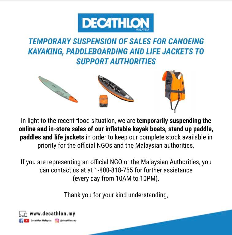 An announcement by Decathlon Malaysia regarding the donation of their kayaking equipment. 