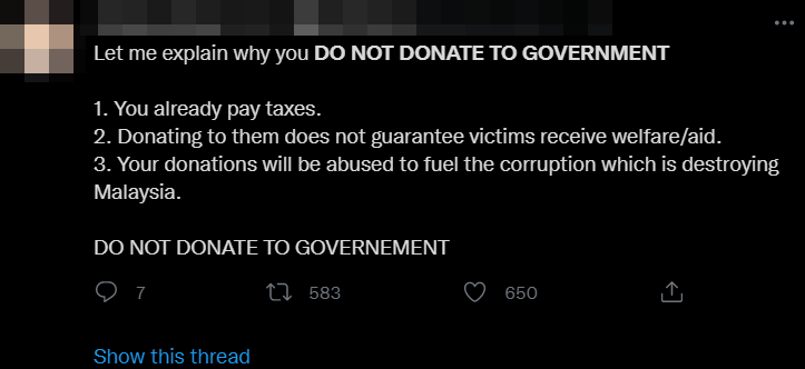 Netizens explaining why you should not donate to the government.