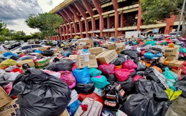 Donations received by the NGOs have filled a section of the stadium carpark.
