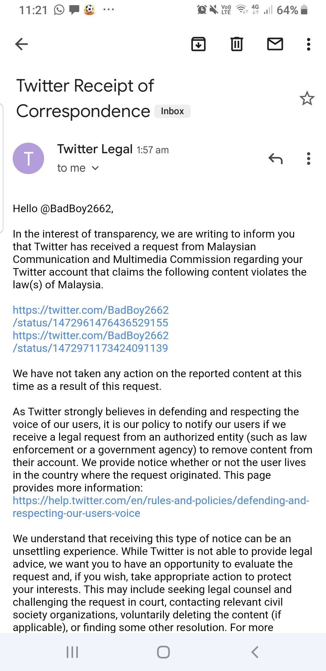 Twitter sending an email to the netizen informing about MCMC's request.