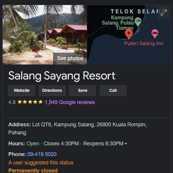The resort still has an overall rating of 4.8 stars on Google Reviews. However, an unidentified user had tried to suggest that the resort has been permanently closed.