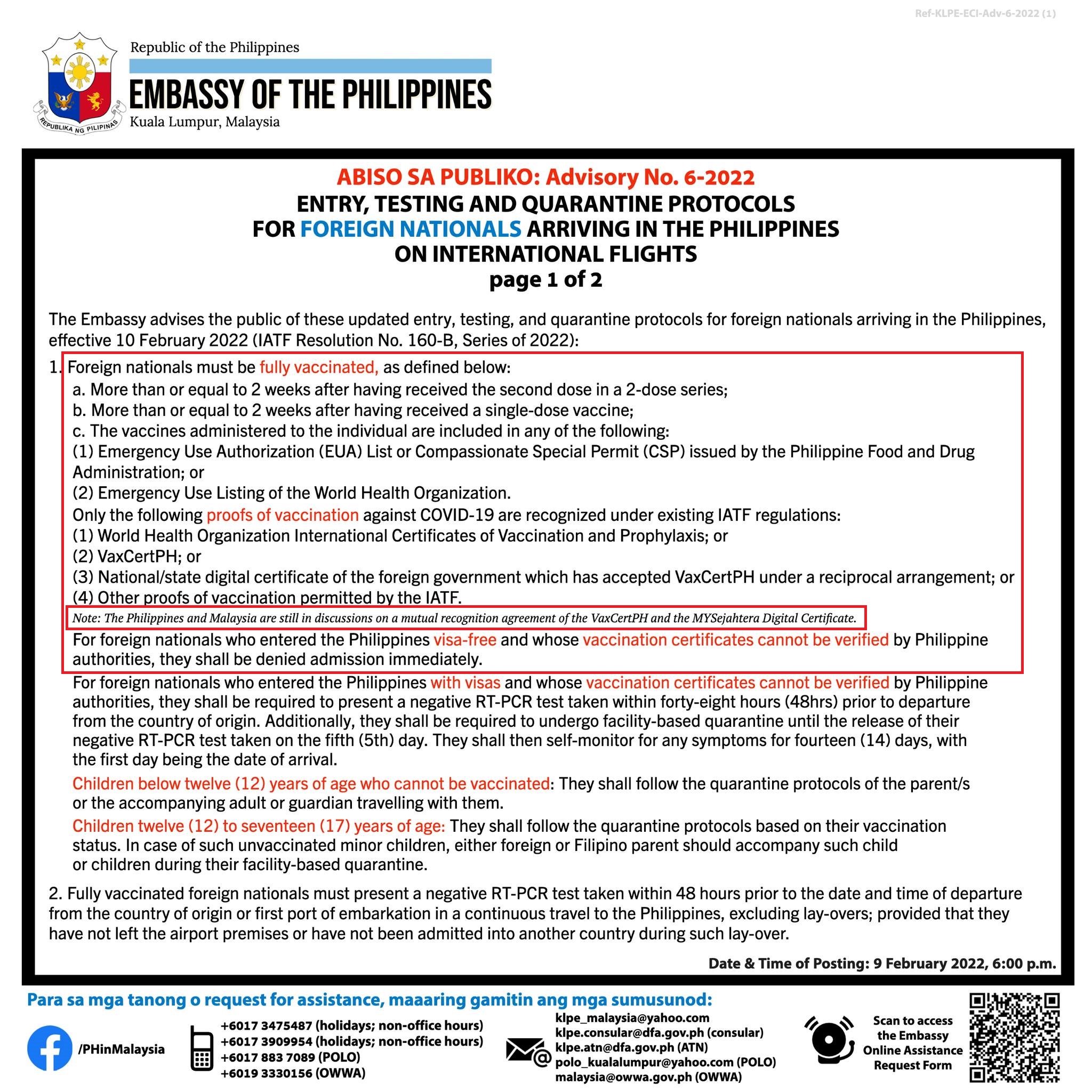 An earlier travel advisory issued by the Philippines states that both countries were in the process of coming to mutual vaccine recognition.