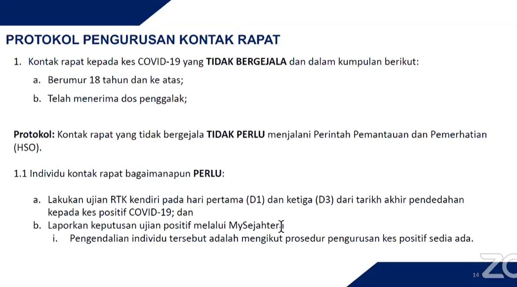 Health Minister YB Khairy Jamaluddin confirms that individuals over the age of 18 who are fully vaccinated, boosted, and do not exhibit any symptoms 1 day after being exposed to a COVID-positive individual will no longer need to be quarantined. Source: KKM