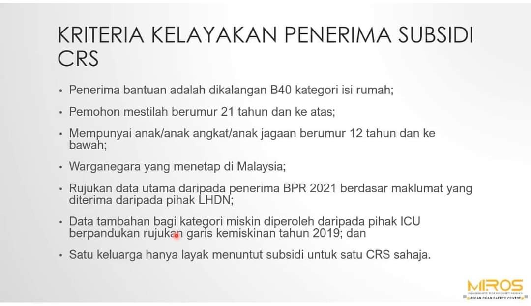 The subsidy is aimed at making the purchase of child car seats more affordable for families in the B40 income bracket. Source: MIROS