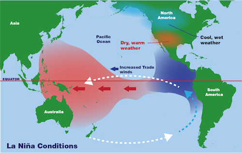 The La Nina weather phenomenon causes warmer waters to be pushed from South American oceans towards the Indonesian peninsula by stronger trade winds. Source: SciJinks