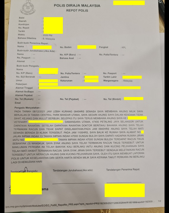 Wan lodged a police report over the death of her pet dog, after she suspected that it had died from deliberate poisoning. Source: Ewan Wan