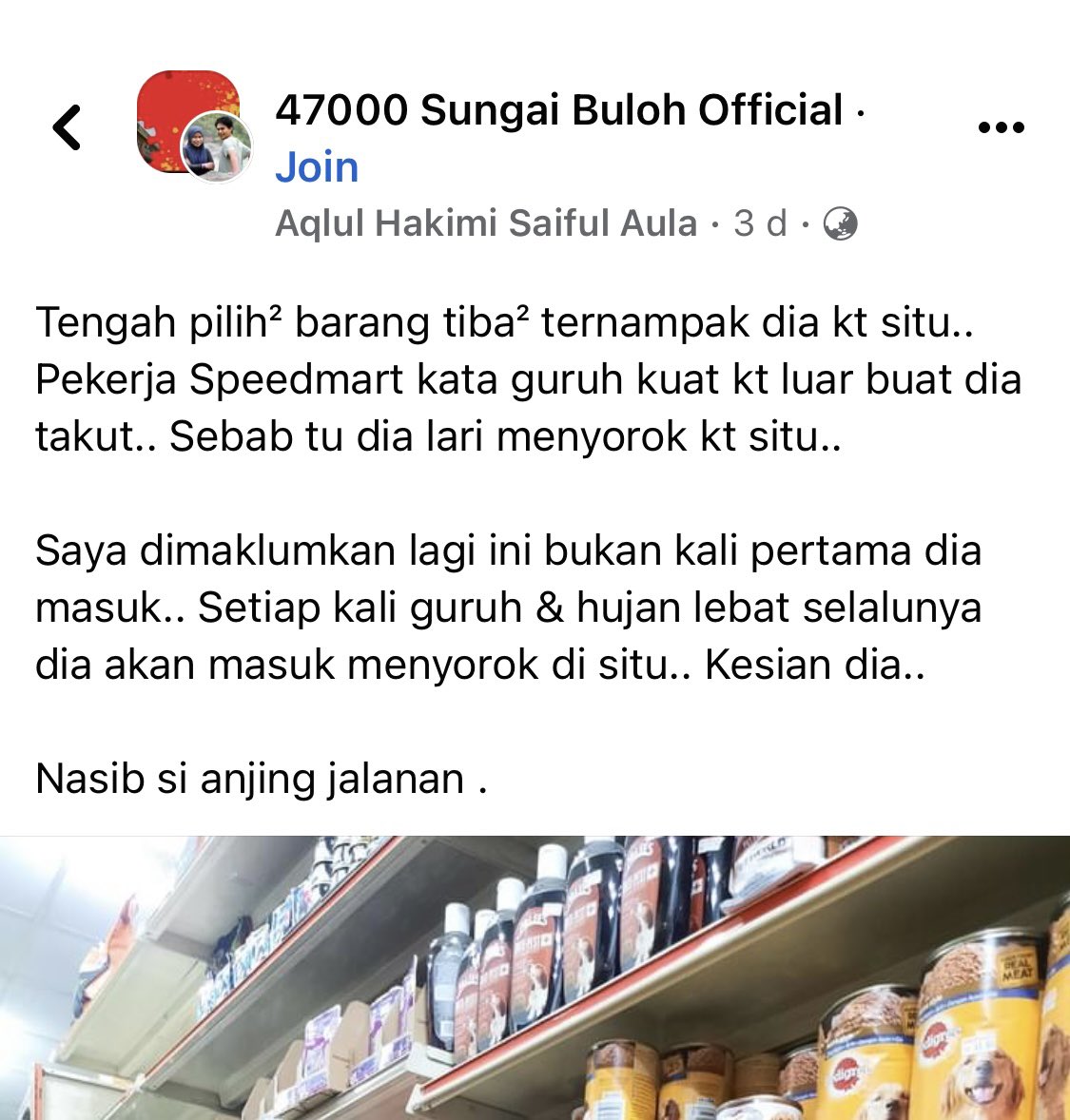 Employees of a 99 Speedmart have been praised for allowing a stray dog to seek shelter and hide from thunderstorms in their store. Source: @nabilfikran10