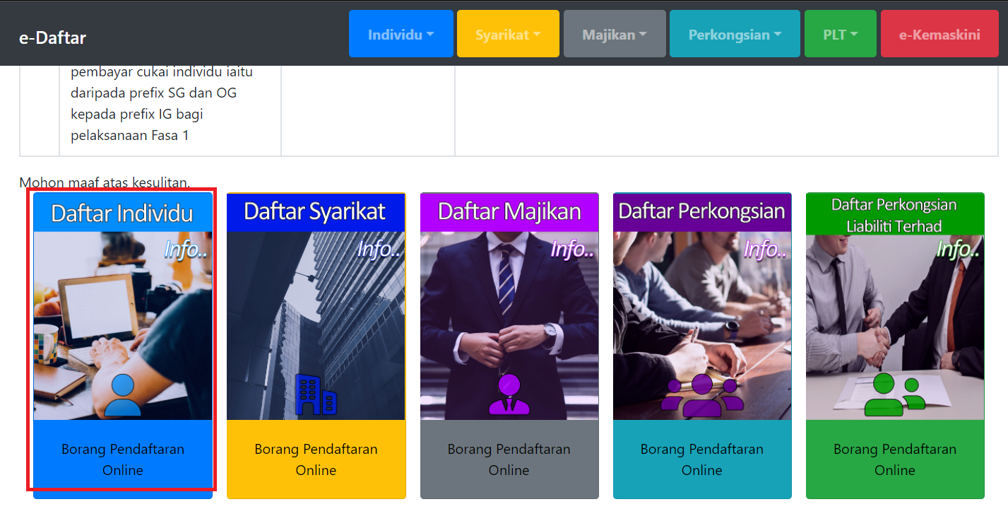 You need to obtain your own tax number before anything else. To do so, select 'Daftar Individu' on the LHDN e-Daftar site. Source: Wau Post