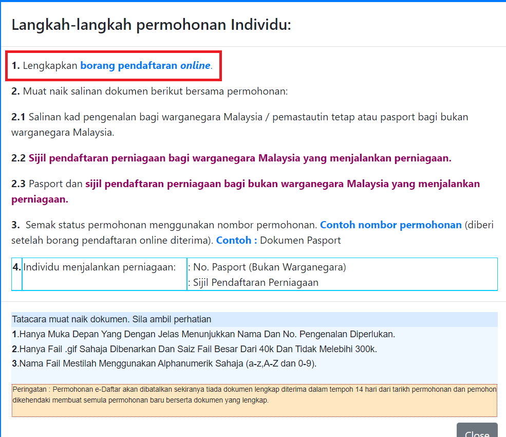 Select 'Lengkapkan borang pendaftaran online'. Source: Wau Post