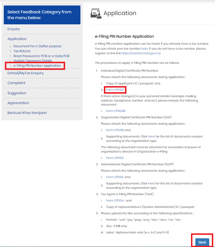 Select 'e-Filing Pin Number Application' before clicking on the Form CP55D to fill it out in PDF form. Source: Wau Post