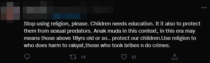 Social media users have strongly opposed the sanctioning of child and teen marriages, and have admonished the Terengganu State Exco's remarks. Source: Twitter