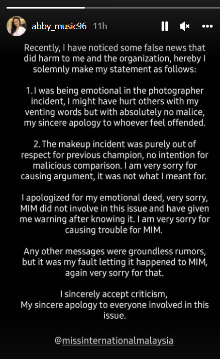 Ms Abby Lee has issued an apology over the controversy surrounding her remarks and the Miss International Malaysia pageant. Source: abby_music96