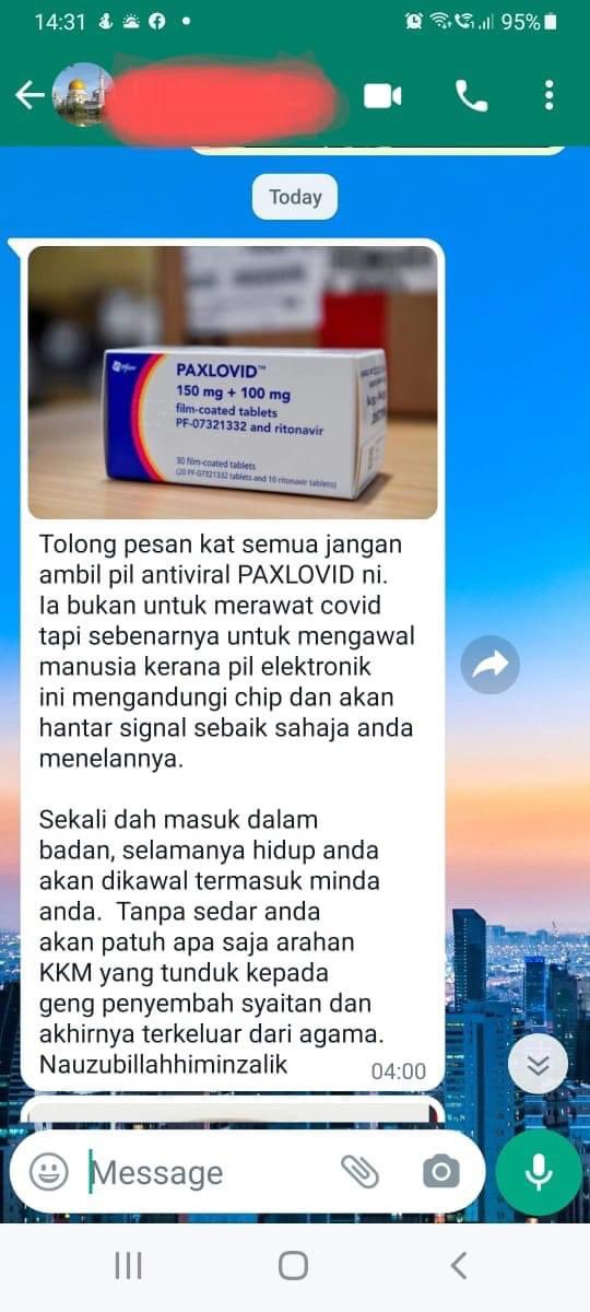 A new chain message claims that PAXLOVID antiviral pills can control your mind. Source @khairul_hafidz