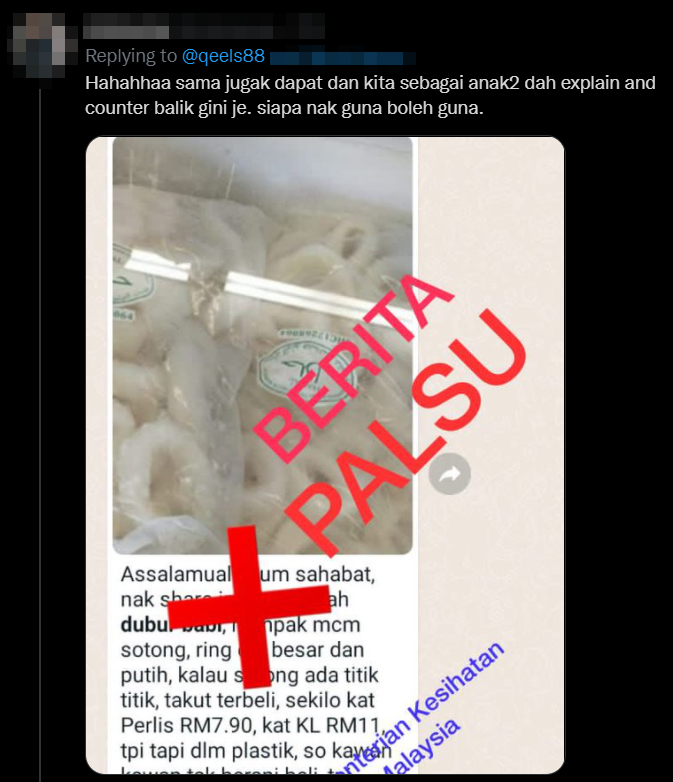 Netizens have been tickled by the erroneous claim of squid rings being made from pigs' anus, with some adding that their own mothers had received the same message as well. Source: Twitter