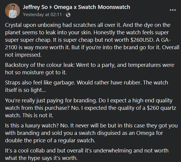 Netizen Jeffrey So has detailed his ownership experience with the Swatch x OMEGA MoonSwatch watch. Source: Jeffrey So
