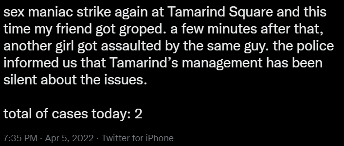 A netizen has recounted how her friend had been sexually assaulted at Tamarind Square. Source: Twitter
