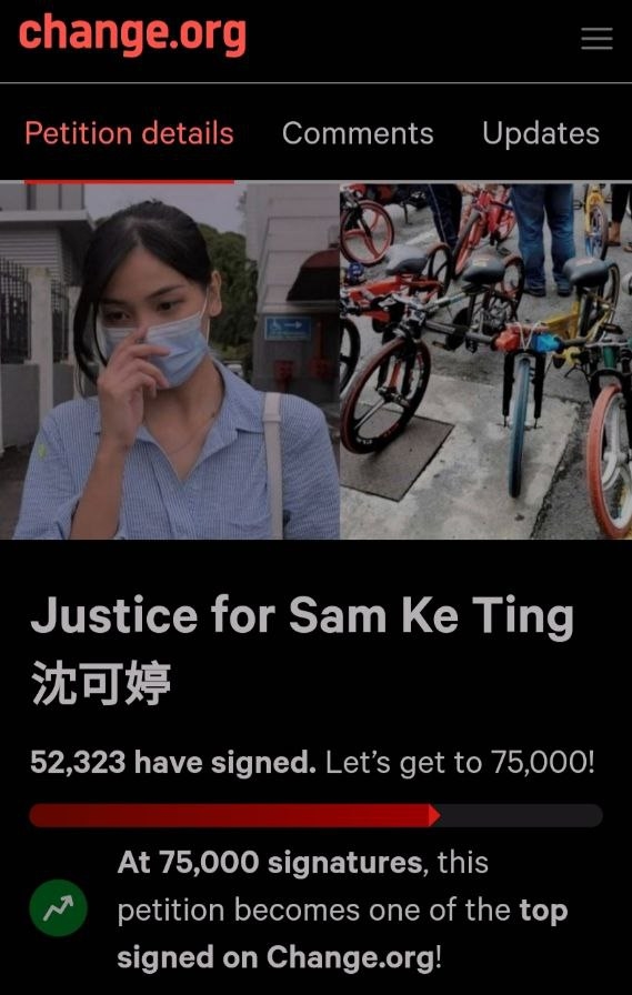 The petition has called for justice to be served in Sam Ke Ting's case. Source: Change.org