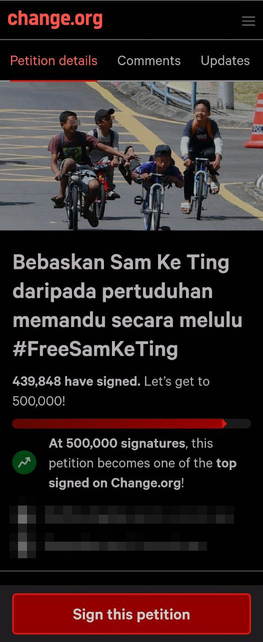 Two petitions calling for the release of Sam Ke Ting have amassed over 800,000 signatures combined. Source: Change.org