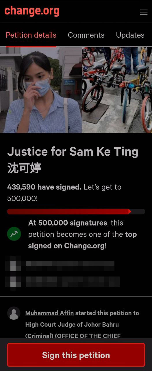 Two petitions calling for the release of Sam Ke Ting have amassed over 800,000 signatures combined. Source: Change.org