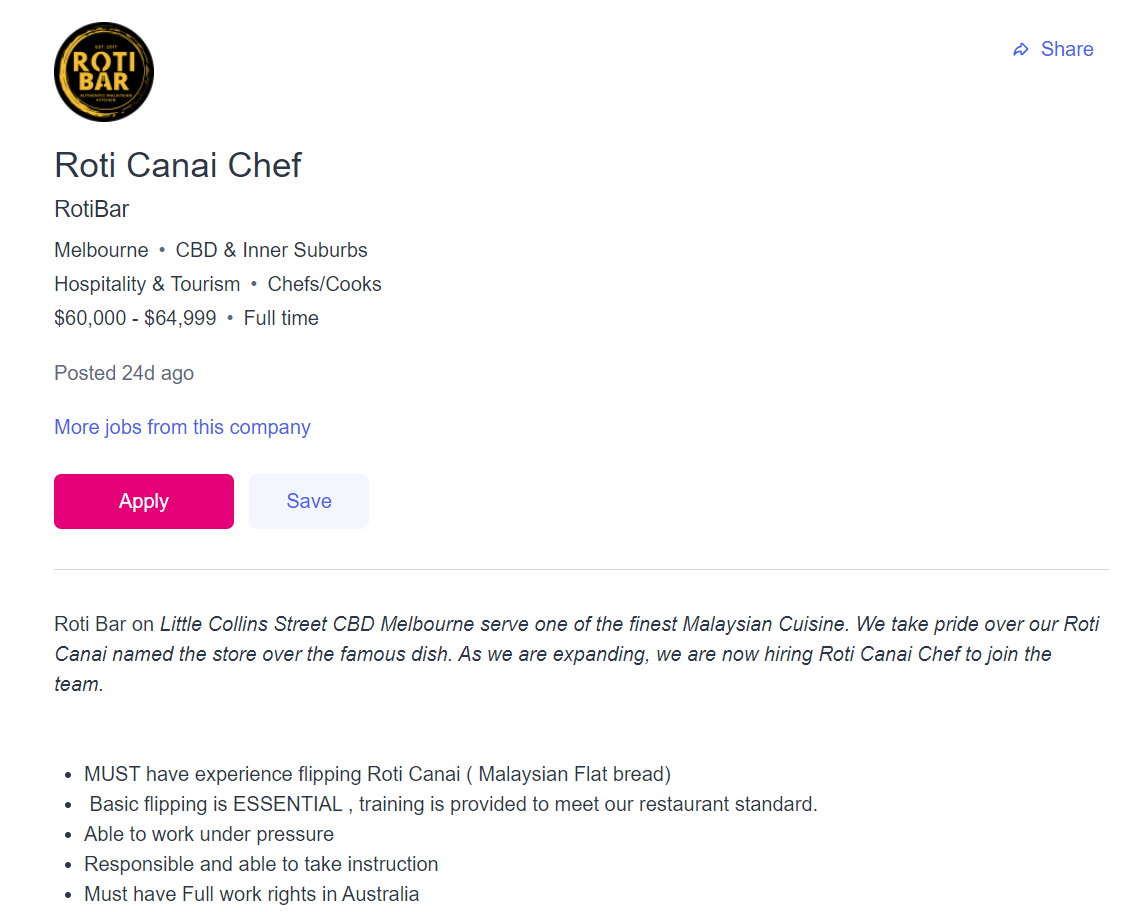 The RotiBar restaurant in Melbourne, Australia is now looking to hire a new 'roti canai chef'. Source: Seek