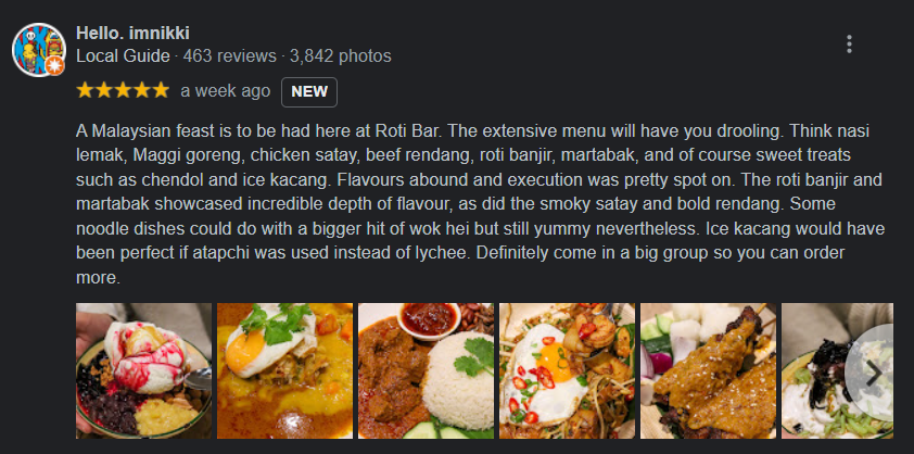 The RotiBar has been well-received by diners, and has a 4.5 star rating on Google Reviews. Source: Google