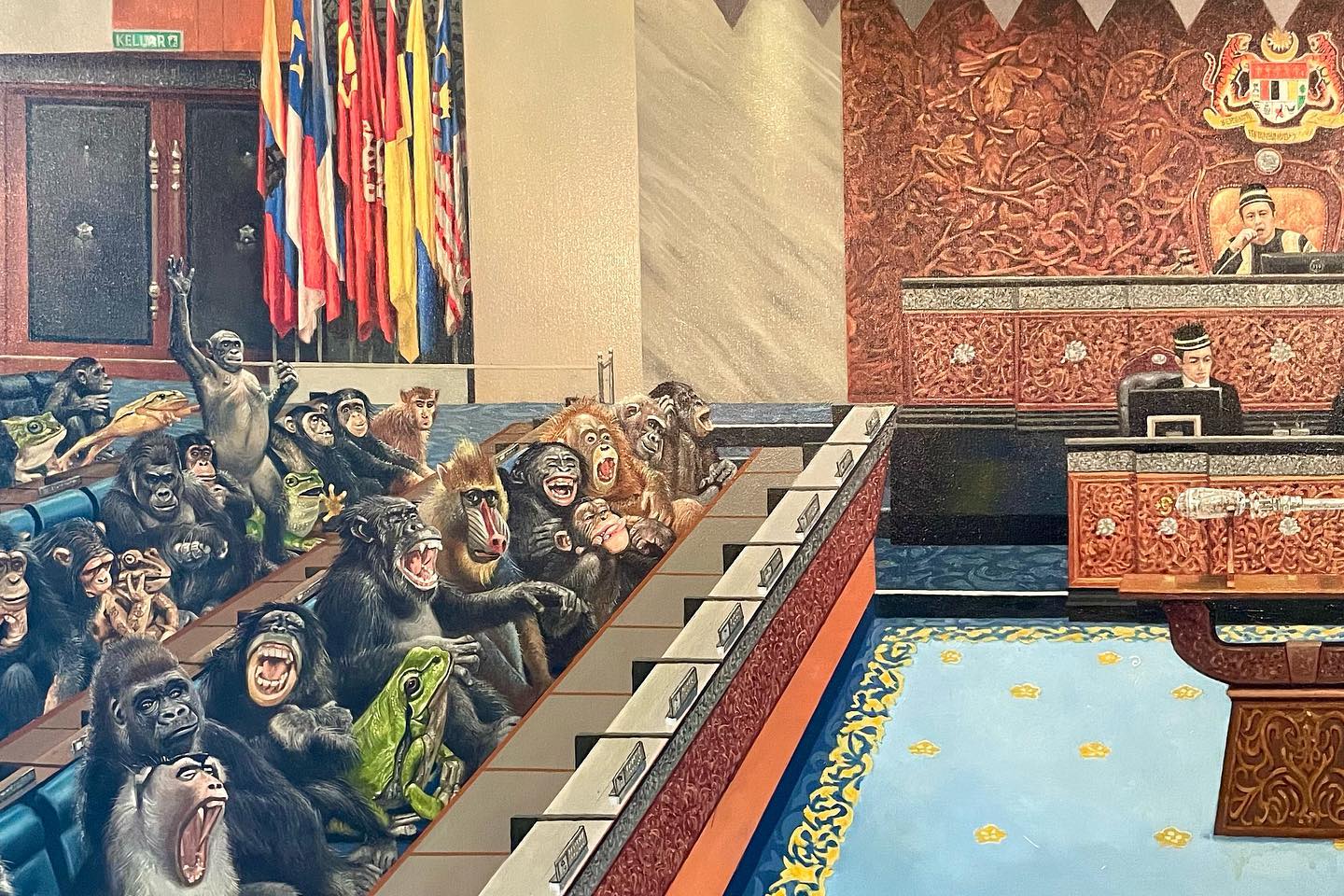 The Sultan of Selangor has acquired a painting depicting the Parliament filled with monkeys, chimpanzees, baboons and frogs. Source: Selangor Royal Office