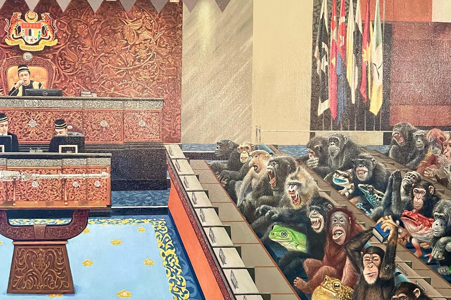 The Sultan of Selangor has acquired a painting depicting the Parliament filled with monkeys, chimpanzees, baboons and frogs. Source: Selangor Royal Office